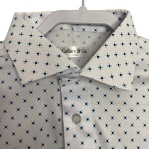 Collars & Co Polo Shirt Mens L White Blue 5 Diamond Golf Preppy Dress Collar NEW
